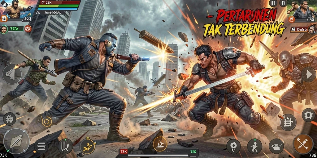 Screenshot gameplay 73K menunjukkan aksi pertarungan yang mendebarkan dan grafis yang menawan.