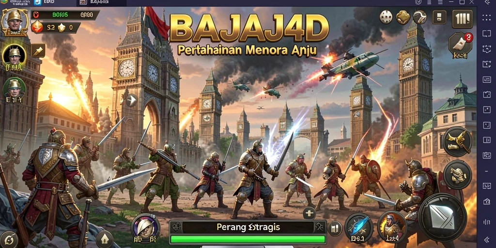 Gameplay Tower Defense BAJAJ4D dengan menara dan musuh yang ditampilkan.
