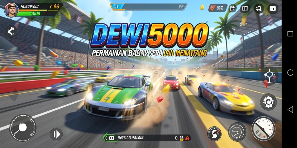 Screenshot gameplay DEWI5000 menampilkan aksi balapan yang mendebarkan.