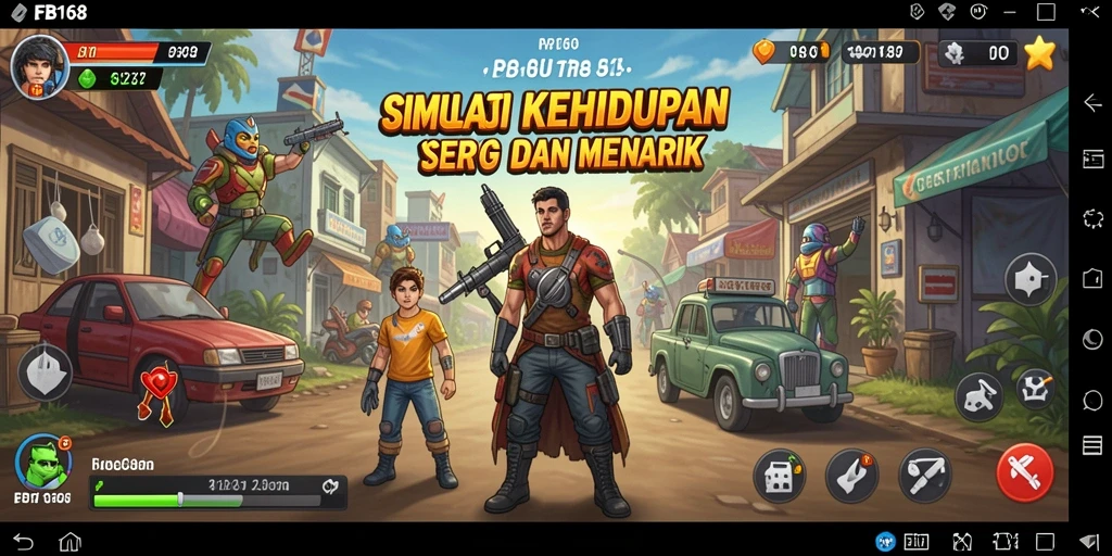 Screenshot gameplay FB168 menampilkan karakter berinteraksi di dunia Simulation.
