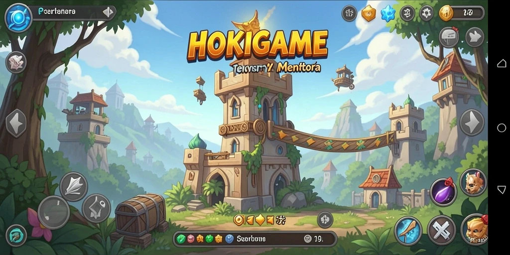 Screenshot gameplay HOKIGAME menampilkan pertarungan menara yang menegangkan.