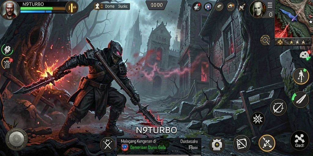 Screenshot menampilkan gameplay mencekam N9TURBO dengan suasana gelap.