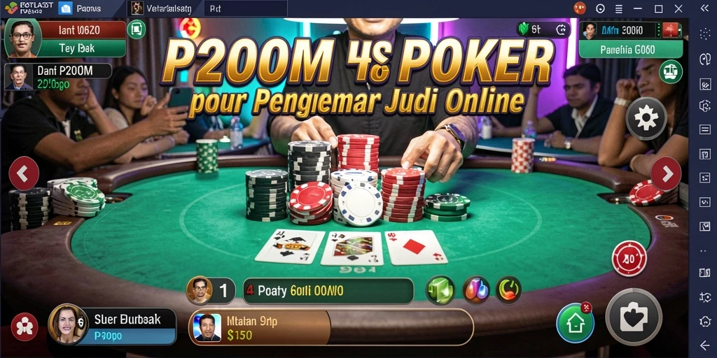 Screenshot utama P200M menampilkan aksi seru di meja poker.