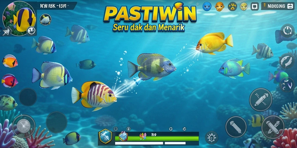 Screenshot gameplay PASTIWIN menampilkan aksi menembak ikan yang seru.