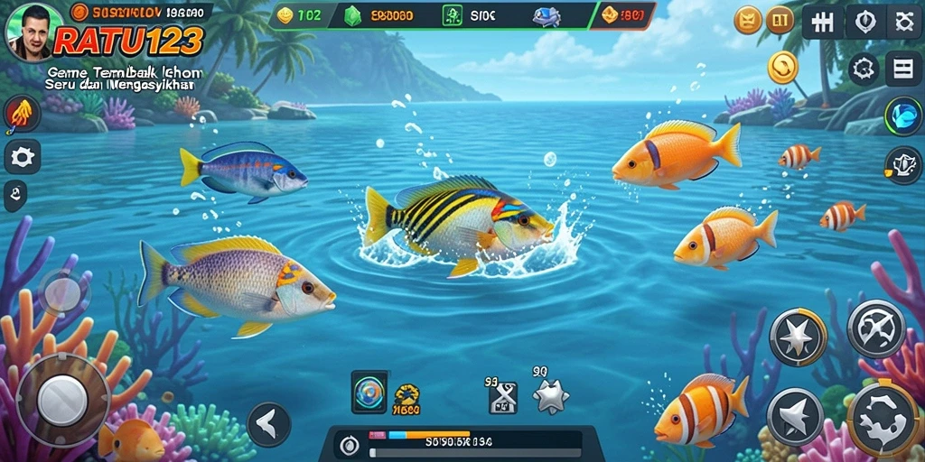 Tampilan gameplay dengan aksi menembak ikan yang seru.