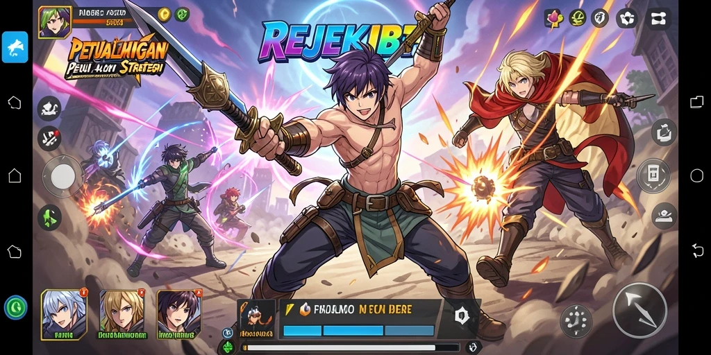 Screenshot gameplay menampilkan berbagai karakter anime dan pertarungan seru.
