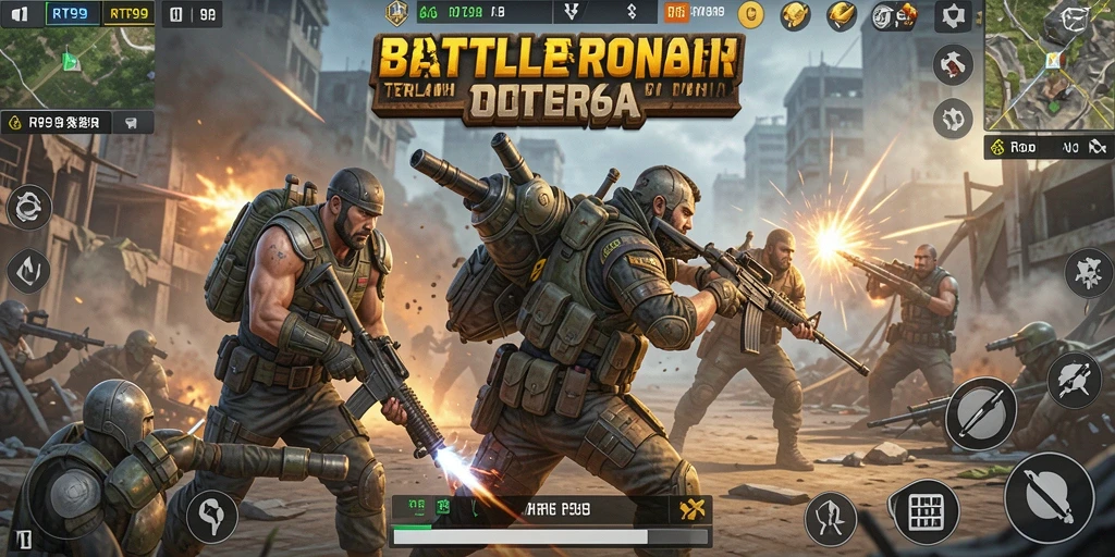 Tampilan seru gameplay RT99 dengan pertempuran intens Battle Royale.