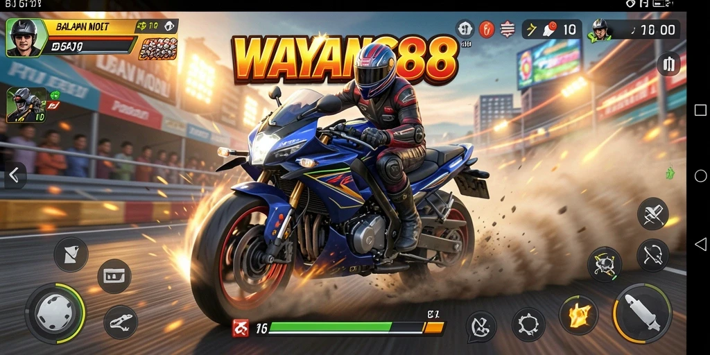 Screenshot utama WAYANG88 menampilkan aksi balapan motor yang mendebarkan.